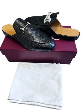 New GUCCI Black Leather Embossed GG Horsebit Mule Loafers -10